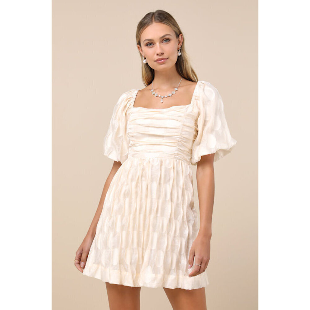 Lulus Cultivated Sweetness Cream Burnout Puff Sleeve Mini Dress White - Size M